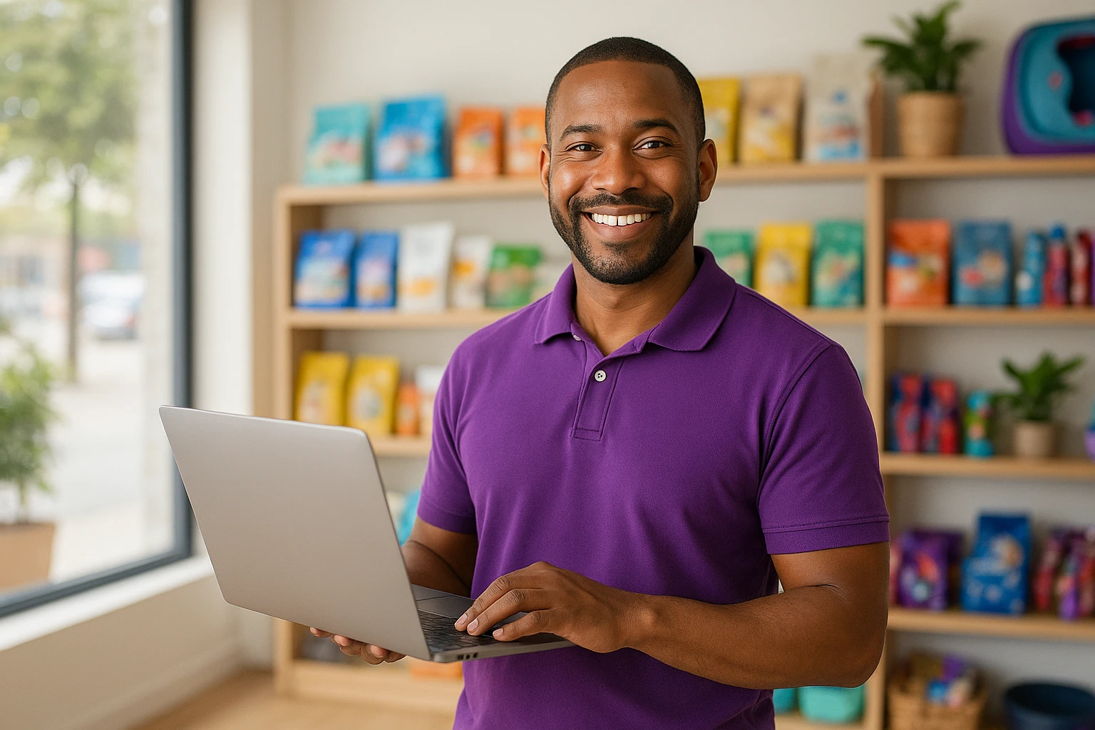 Dono de pet shop sorrindo com o notebook aberto na loja