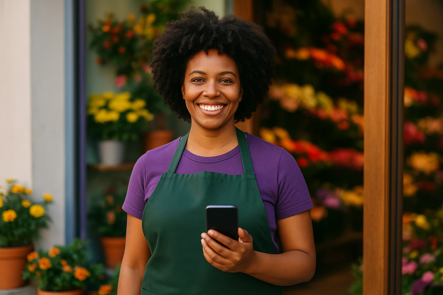 Dona de floricultura sorrindo com o celular na porta da loja
