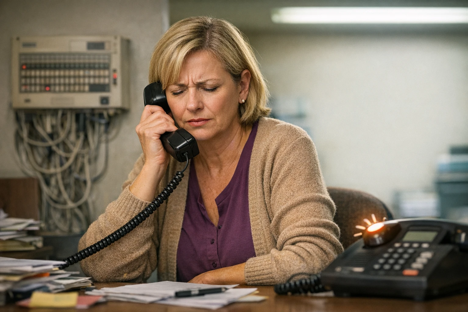 Recepcionista estressada ao telefone antigo com a central telefônica velha na parede
