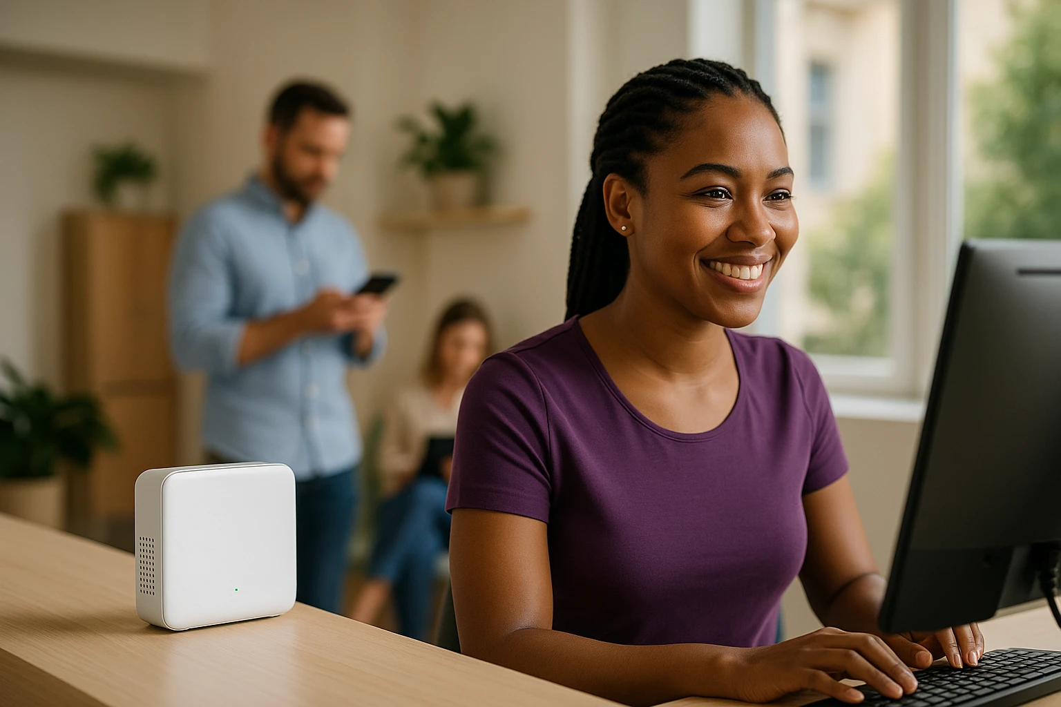 Recepcionista de clínica no computador com o roteador no balcão